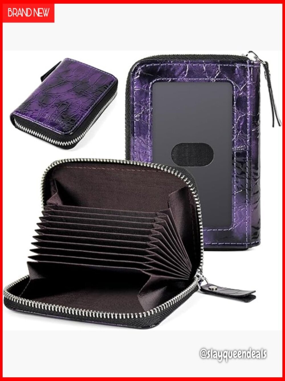 RFID Blocking Zipper Card Case Wallet, 9 Slots Accordion Organizer, PU Leather